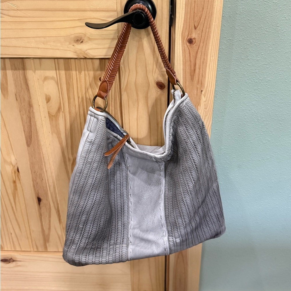 Altar'd State Light Gray Woven Shoulder Bag with Brown Handle